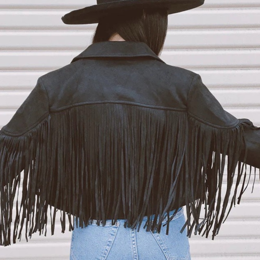 Vegan Suede Moto Jacket with Fringe